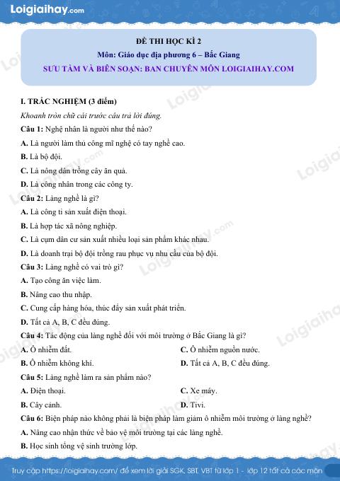Đề thi HK2 GDĐP 6 Bắc Giang - loigiaihay.com